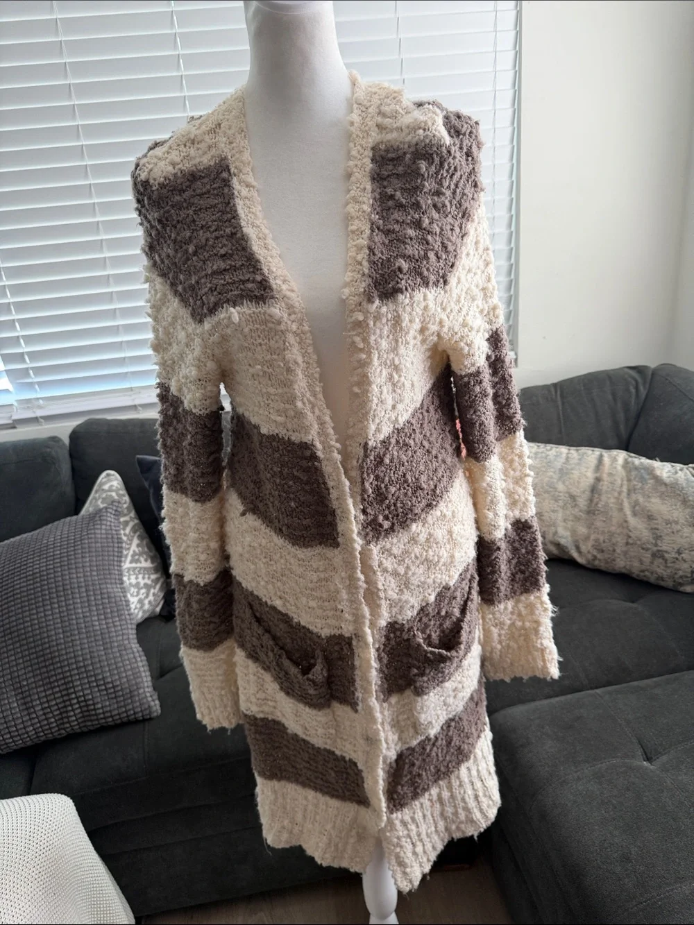 Free People Cream & Brown Striped Open-Front Cardigan